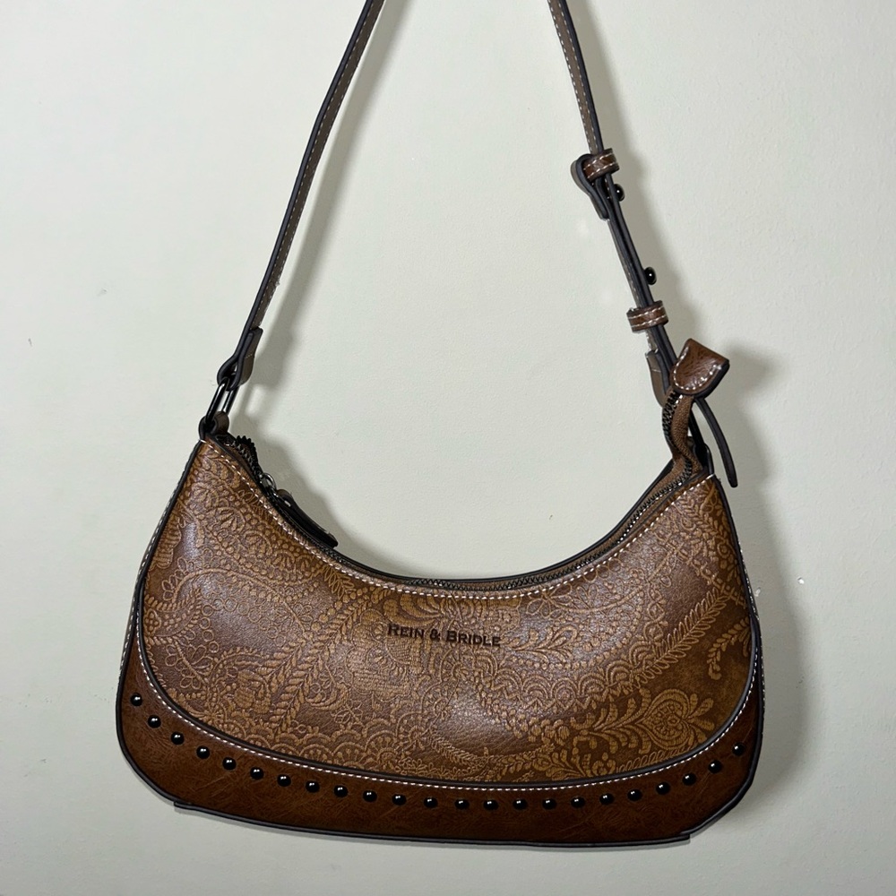 Brown Leather Crescent Shoulder Bag with Adjustable Strap
